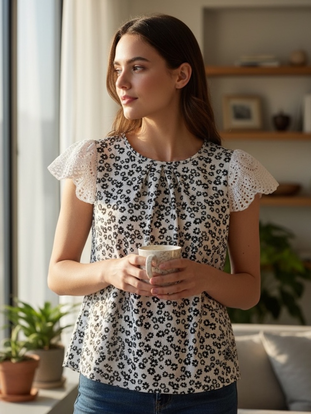 Floral Eyelet Cap-Sleeve Blouse - White/Black size M. SKU 161